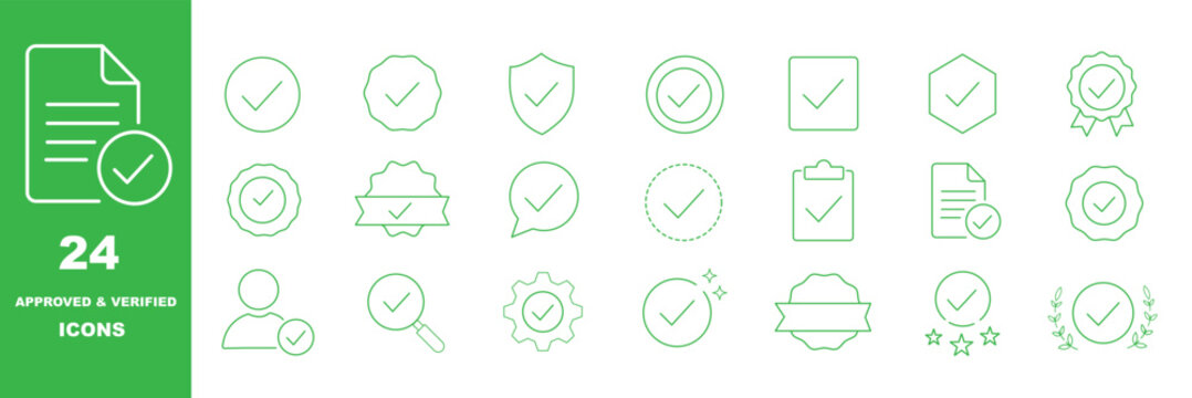 Checkmark icon set. Approval icons in line style. Editable web icons for agreement, vote, confirmation, choise, validation, completed tasks and verified status. Vector illustration. 