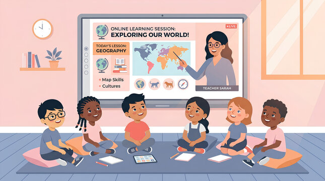 Diverse children sitting in classroom. Kids watching online lesson on screen. Digital school learning.