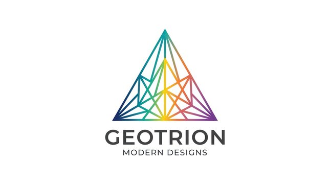 Geotrion modern designs logo featuring complex geometric triangle and bold sans serif.
