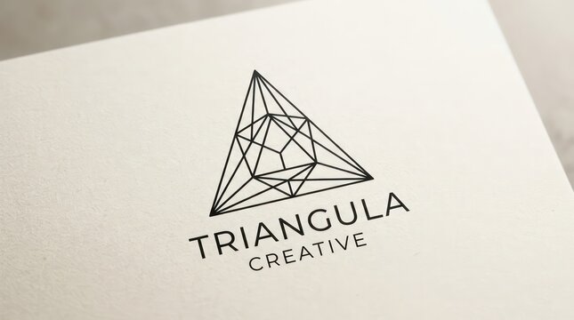 Geometric triangular emblem design for creative agency on white textured paper backdrop.