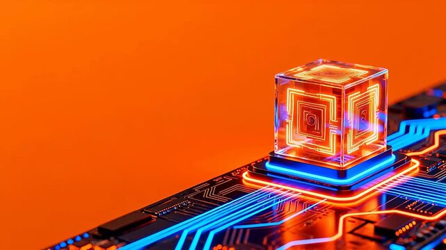 Circuit board with glowing cube