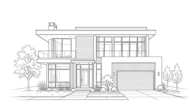 Contemporary house architecture sketch with built in garage and front driveway entrance.