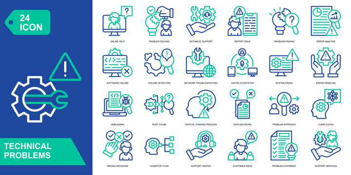 Technical Problems Icon Set. Online Help, Problem Solving, Technical Support, Issue Reporting. Line Color Vector Icons