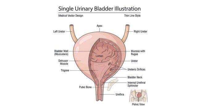 Detailed medical illustration of human urinary bladder anatomy with internal structure.
