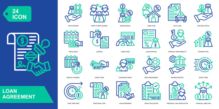Loan Agreement icon collection set. Cash Advance,Peer to Peer Lending,Microfinance ,Home Loan. Line Color vector icons