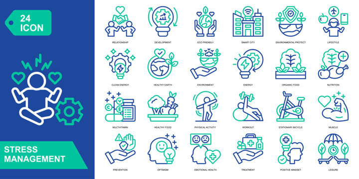 Stress Management icon collection set. Relationship,Development,Eco Friendly,Smart City. Line Color vector icons
