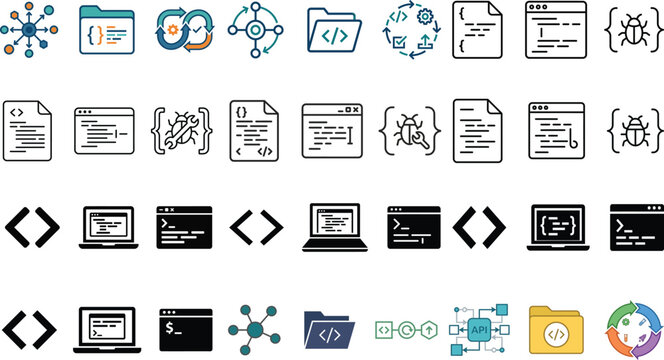 Collection of coding and programming icons on white background