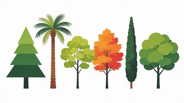 Flat vector illustration featuring six distinct tree types, each with unique characteristics. From left to right, the trees include a stylized evergreen with a triangular shape and layered green folia