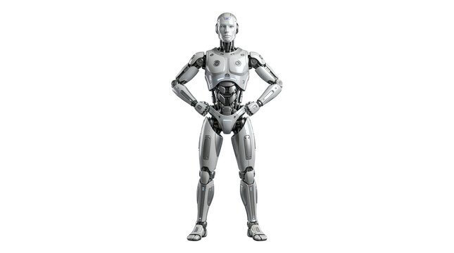 Humanoid Robot Standing: A sleek, metallic humanoid robot stands confidently with hands on hips, showcasing advanced artificial intelligence and futuristic design.