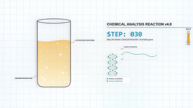 Chemical reaction process animation in laboratory beaker with active reaction zone, sedimentation, and stability monitor, temperature and concentration data visualization, symbolizing scientific
