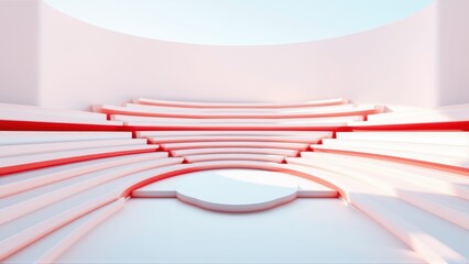 Obraz premium Minimalist stage design. Curved lines, soft lighting, empty space creates modern aesthetic. Red accents highlight geometric forms.