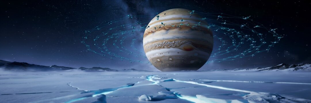 Interplanetary Data Network Concept Featuring Gas Giant Planet with Digital Connectivity Lines over Icy Lunar Surface for Aerospace Technology and Galactic Communication Visuals
