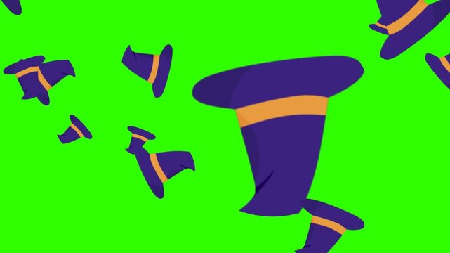 Falling Purple Witch Hats Animation Motion Graphics Background on Green Screen