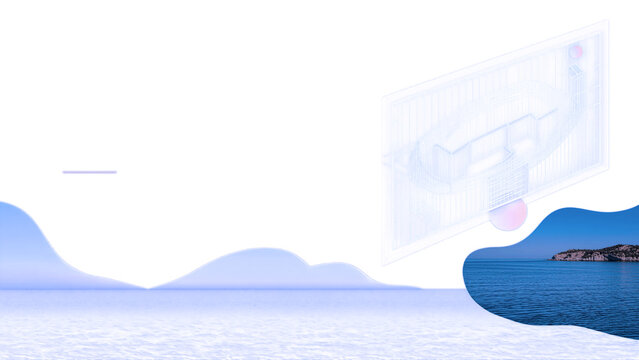 Abstract Architectural Concept Collage with Blueprint Sketches Organic Blue Waves and Coastal Sea View for Sustainable Urban Planning and Modern Residential Design Presentations