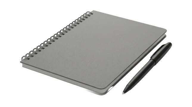 Minimalist Notepad and Pen: A simple, grey spiral-bound notepad sits beside a sleek black pen, presented on a clean background, symbolizing organization and the start of new ideas.