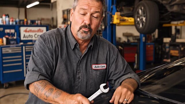 Smiling auto shop owner holds a wrench inside repair bay, leaning on a car hood while a vehicle stands on a hydraulic lift in the background, surrounded by toolboxes and industrial garage equipment