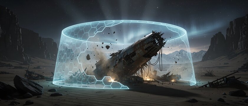 Futuristic Crashed Spaceship in Desert Canyon with Glowing Hexagonal Energy Shield and Advanced Technology Force Field for Sci-Fi Cinematic Concept Art and Space Exploration Storytelling