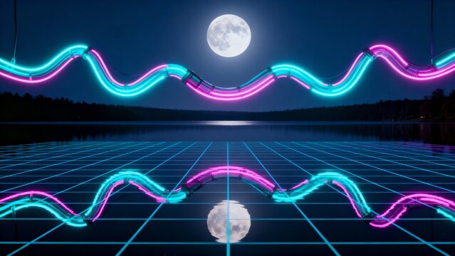 Retro-futuristic synthwave landscape featuring a glowing neon grid floor and undulating light waves under a luminous full moon reflected in a tranquil digital lake for electronic music background