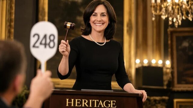Auction director at podium smiling as holding a gavel. Female auctioneer faces a bidder holding paddle