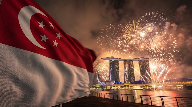 Singapore national flag foreground with fireworks display over Marina Bay Sands hotel skyline at night