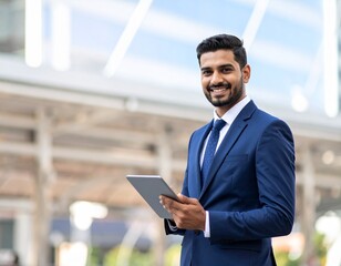 Fototapeta premium Indian business executive using a digital tablet outdoors with a confident smile.