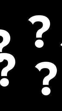 White question marks floating on an empty black background, vertical video featuring animated symbols for quizzes, mystery, education and information concepts