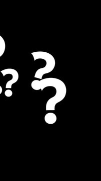 White question marks floating on an empty black background, vertical video featuring animated symbols for quizzes, mystery, education and information concepts