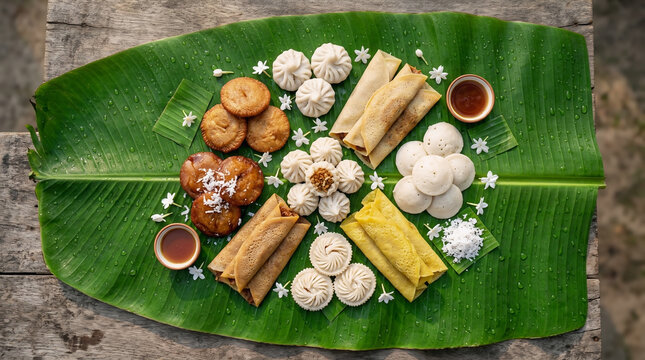 Assorted Bengali pitha rice cakes served on banana leaf