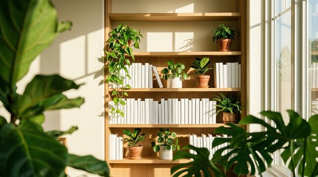 Bright Modern Interior with Sunlit Wooden Bookshelf and Various Potted Houseplants