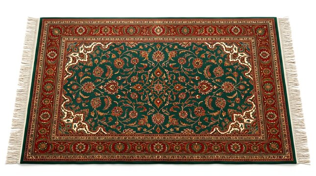 Intricate floral Persian rug with fringe details on a clean white background