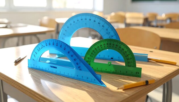 Colorful Plastic Protractors and School Supplies on Classroom Desk.