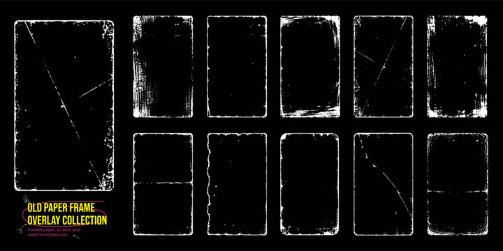 Vintage distressed paper frame overlay collection with scratched grunge border and worn rectangular texture set
