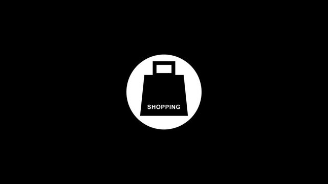 Black and white animation of a shopping bag icon in a circle, representing online retail and consumerism.