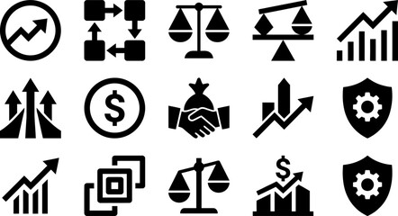 Fototapeta premium Collection of business icons including finance, industry, and commerce symbols.