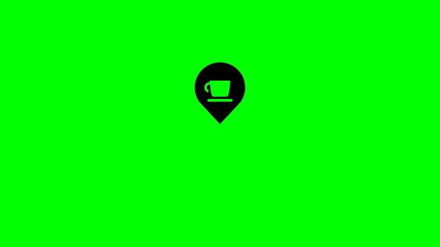 Coffee Cup Location Pin Icon on Green Screen for Cafe Finder App.