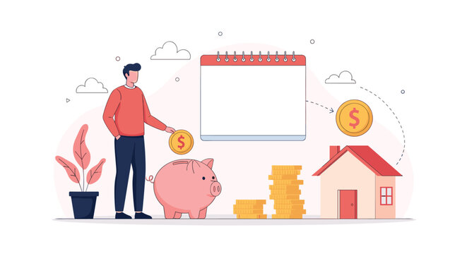 Man putting a gold coin into a piggy bank while planning his future home purchase using a blank calendar on the wall.
