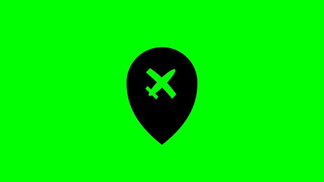 Airplane Location Pin Icon Animation on Green Screen for Travel and Navigation.