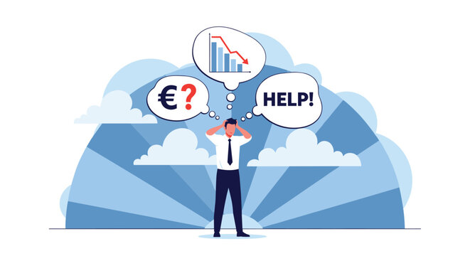 Stressed businessman with headache thinking about financial problems and economic crisis with a downward chart.