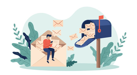 Fototapeta premium Young man sitting inside a giant envelope while using his phone as many letters fly into a blue mailbox in a lush green garden.
