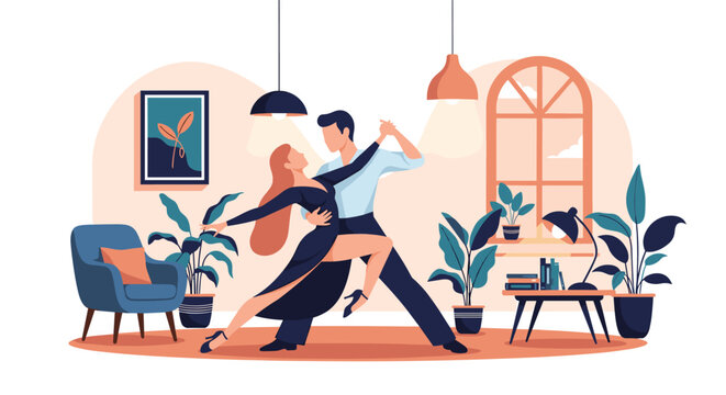 Elegant couple performing a ballroom dance in a beautifully decorated living room with indoor plants and warm interior lighting.