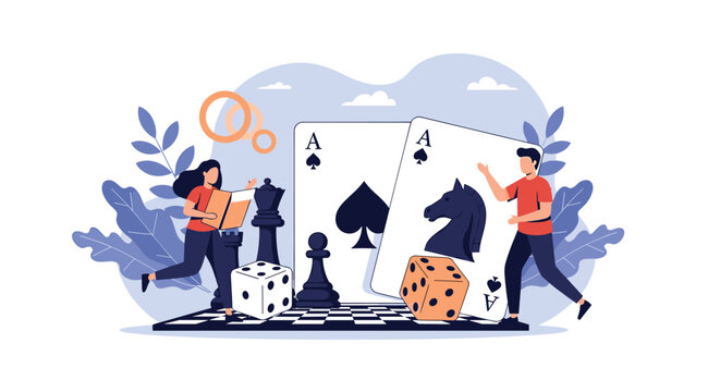 People playing various games including chess, cards, and dice on a large game board in a playful colorful flat vector illustration.