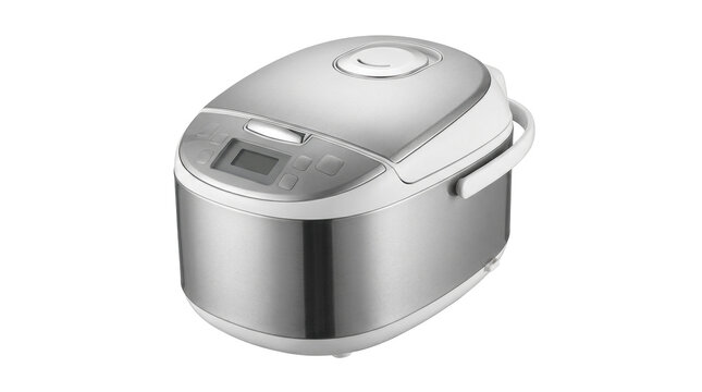 Modern Rice Cooker: A sleek, modern electric rice cooker with a digital display and brushed metal finish, perfect for any contemporary kitchen.