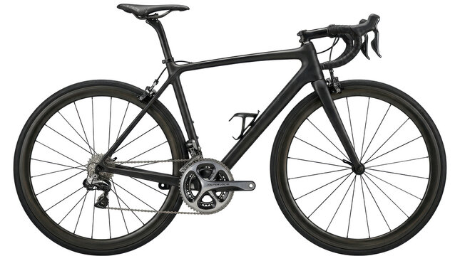 Sleek Carbon Fiber Road Bike: A modern, black carbon fiber road bicycle with aerodynamic wheels, perfect for competitive cycling and fitness enthusiasts.