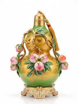 Luxury prosperity Wu Lou decorated with blooming pink longevity peaches and emerald green leaves, rich metallic gold branches on white background
