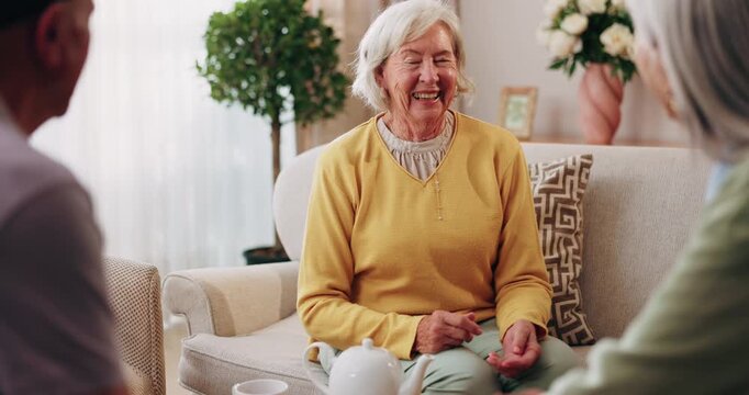 Friends, bonding and talk with old woman in home to relax together, funny story or smile for gossip. Retirement, people and chat at living room for conversation with happiness, laugh and socializing