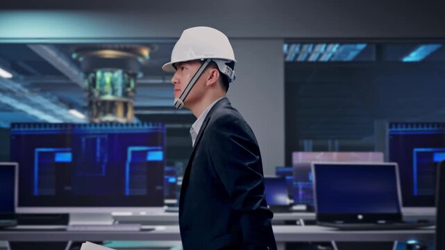 Side View of Asian Businessman Holding Blueprint While Walking at Futuristic Quantum Computer Data Center Control Room