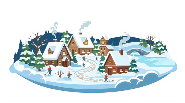 Merry Christmas Santa Winter village, snowy landscape, illustration, cartoon houses, frozen scene VECTOR