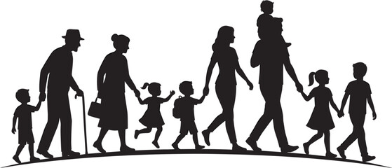 Obraz premium Multi Generation Family Walking Together Silhouette Illustration Featuring Grandparents Parents Children and Baby, Unity, Love, Care, Support, Community