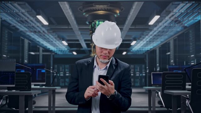 Front View of Asian Businessman Use Smartphone While Walking at Futuristic Quantum Computer Data Center Control Room