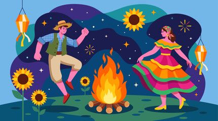 Naklejka premium A man and woman in traditional dress dance joyfully around a bonfire under a starry night sky at a festival.